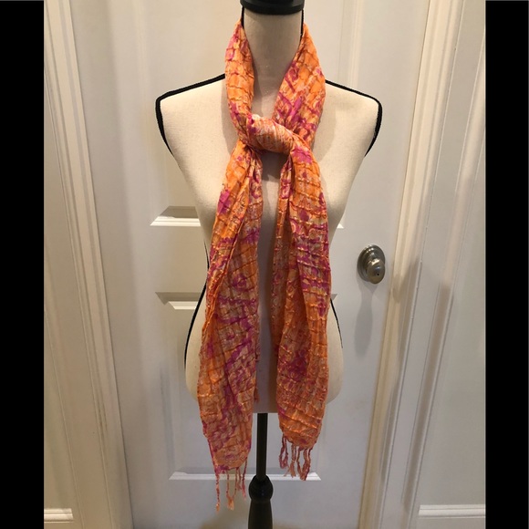 Accessories - Colorful Orange and Pink Fringed Scarf/ Throw